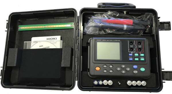 Introducing The Hioki 3554 is an impedance tester. The Hioki 3554 is an impedance tester that measures the Battery Impedance in mohms (mΩ). Like all impedance meters, the Hioki 3554 has the ability to test batteries simultaneously. It can also test within a live circuit and take accurate comparative readings for early diagnosis of a battery failure.